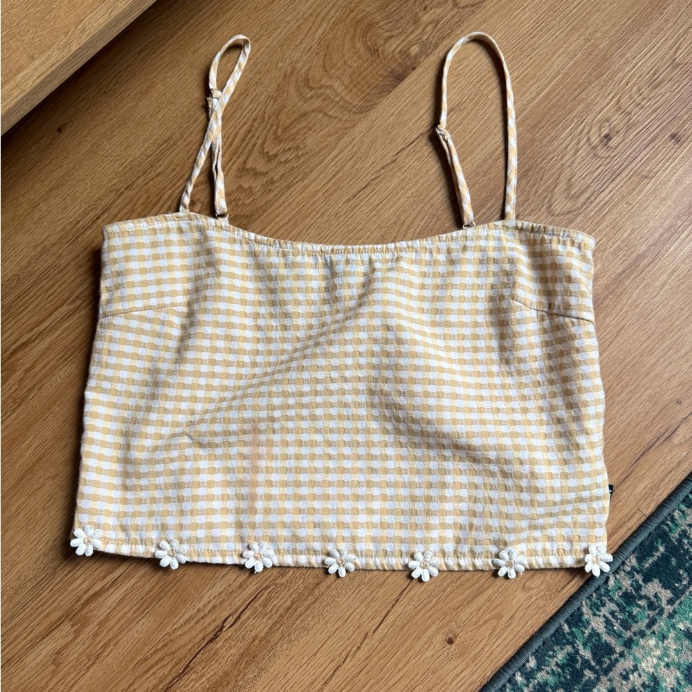 Afends Beige Gingham Crop Top flower accents